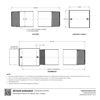 20-inch-extension kit dimensioned drawing: 20 inch NPT pipe and 2.558 inch coupler, 22.183 inches assembled, adds about 21.8 inches to an existing pipe