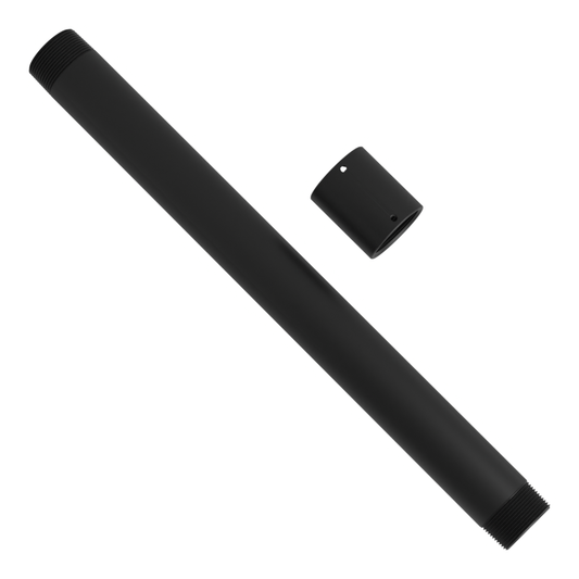 Ceiling mount extension kit that adds 20 inches: a 1-1/2 inch NPT pipe 20 inches long and its matte black coupling, side by side.