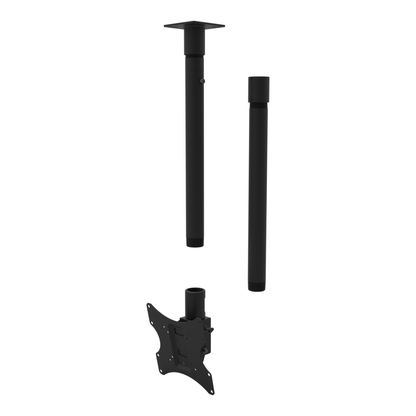 Tilting, rotating TV ceiling mount, 11CP001 cable pass-through plate, 48 to 64 inch drop, shown apart with coupler and 20 inch pipe.