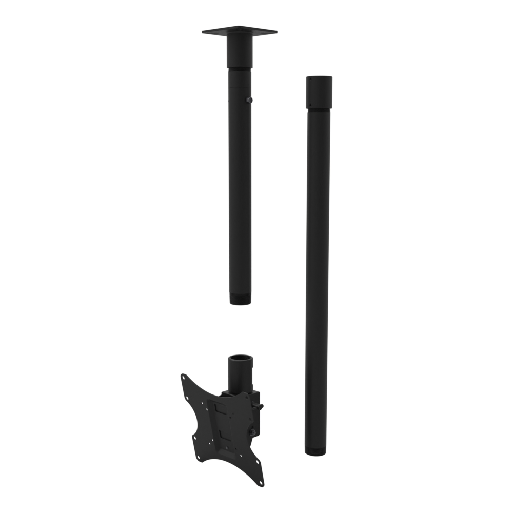 Tilting, rotating TV ceiling mount, 11CP001 cable pass-through plate, 58 to 74 inch drop, shown apart with coupler and 30 inch pipe.
