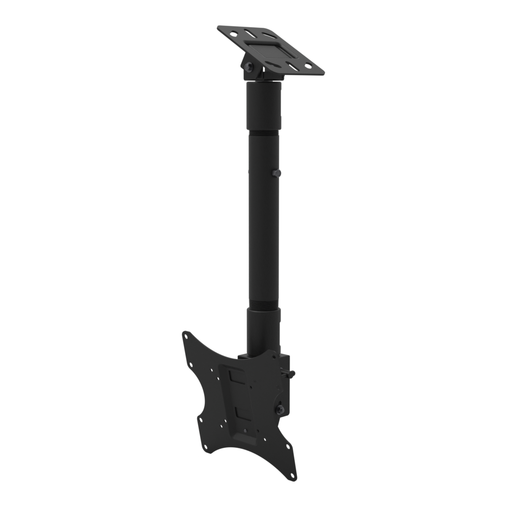 Tilting, rotating TV ceiling mount, angled plate for a sloped ceiling, 20 to 28 inch adjustable drop, with telescoping extension.