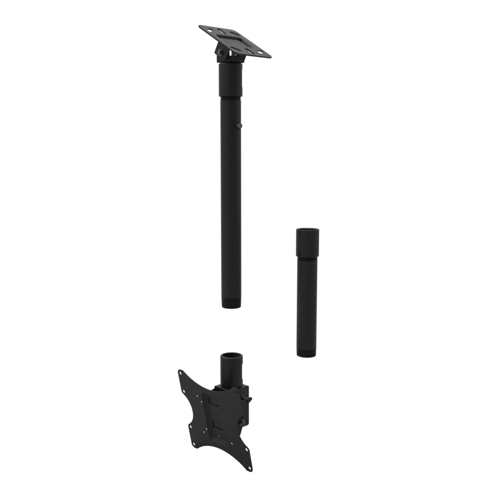 Tilting, rotating TV ceiling mount, angled plate for a sloped ceiling, 28 to 54 inch drop, shown apart with coupler and 10 inch pipe.