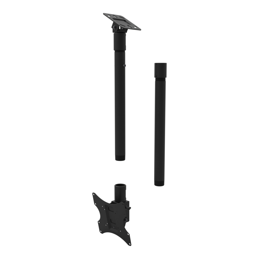 Tilting, rotating TV ceiling mount, angled plate for a sloped ceiling, 48 to 64 inch drop, shown apart with coupler and 20 inch pipe.