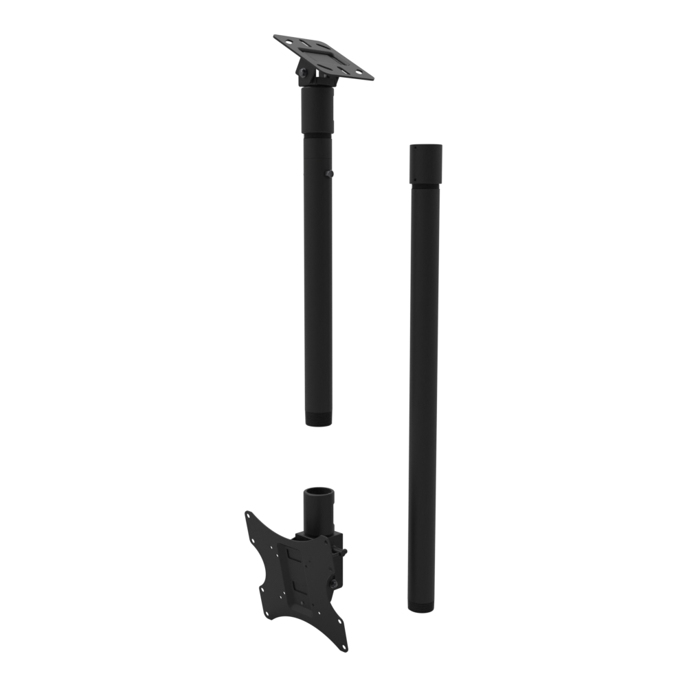 Tilting, rotating TV ceiling mount, angled plate for a sloped ceiling, 58 to 74 inch drop, shown apart with coupler and 30 inch pipe.