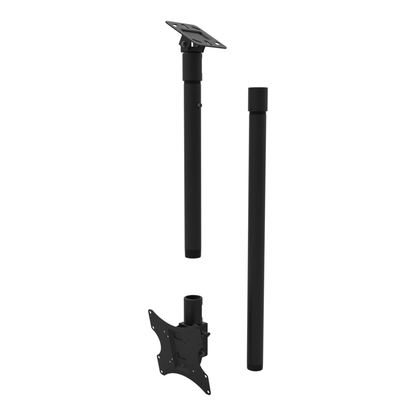 Tilting, rotating TV ceiling mount, angled plate for a sloped ceiling, 58 to 74 inch drop, shown apart with coupler and 30 inch pipe.