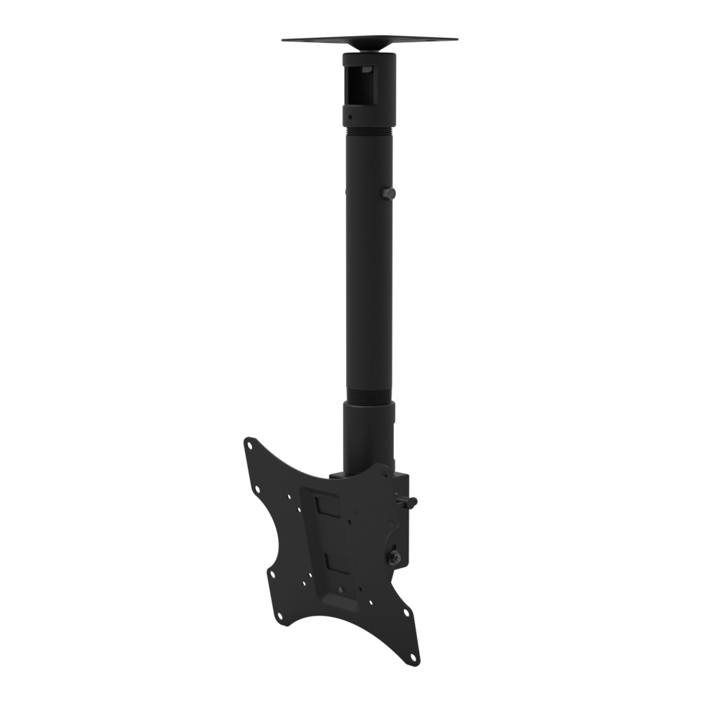 Tilting, rotating TV ceiling mount, flat ceiling plate, 20 to 28 inch adjustable drop: plate, telescoping extension and tilting head.