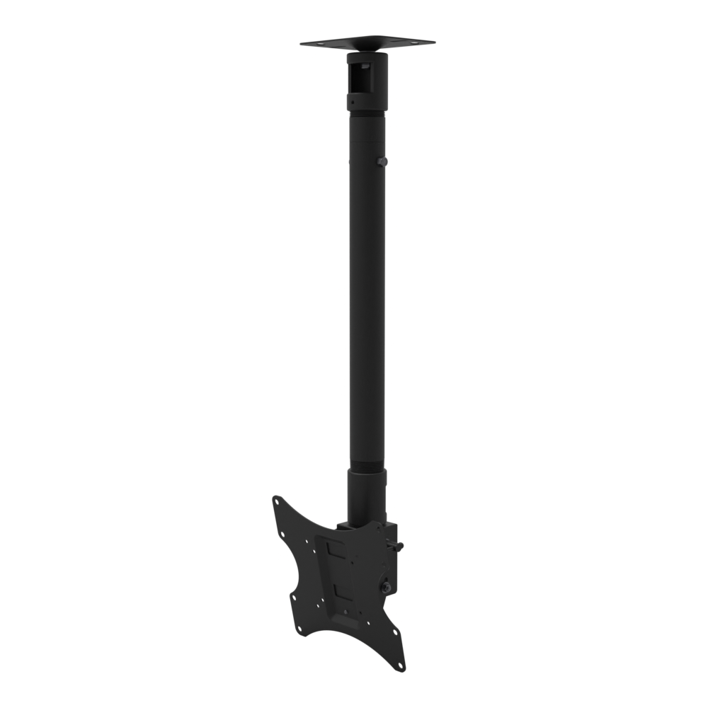 Tilting, rotating TV ceiling mount, flat ceiling plate, 28 to 44 inch adjustable drop: plate, telescoping extension and tilting head.