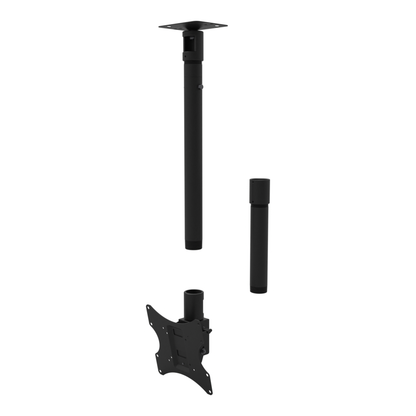 Tilting, rotating TV ceiling mount, flat ceiling plate, 28 to 54 inch drop, shown apart: plate, extension, coupler and 10 inch pipe.