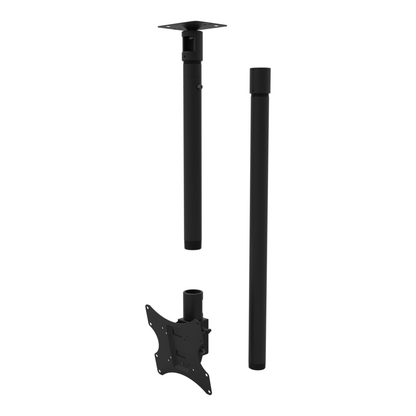 Tilting, rotating TV ceiling mount, flat ceiling plate, 58 to 74 inch drop, shown apart: plate, extension, coupler and 30 inch pipe.