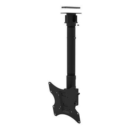 Tilting, rotating TV ceiling mount, unistrut adapter plate, 20 to 28 inch adjustable drop, with telescoping extension and tilting head.