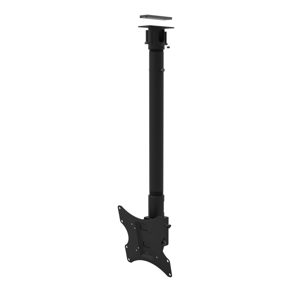 Tilting, rotating TV ceiling mount, unistrut adapter plate, 28 to 44 inch adjustable drop, with telescoping extension and tilting head.