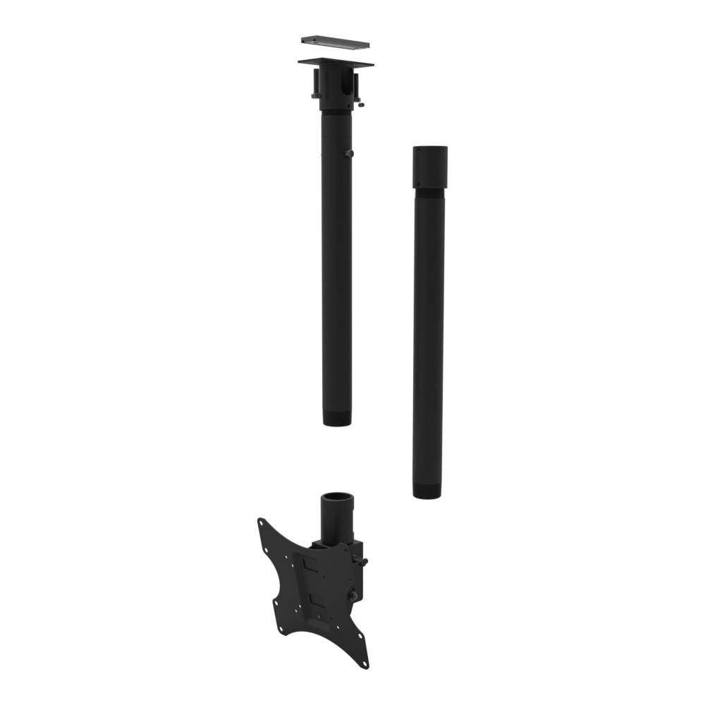 Tilting, rotating TV ceiling mount, unistrut adapter plate, 48 to 64 inch drop, shown apart: extension, coupler and 20 inch pipe.
