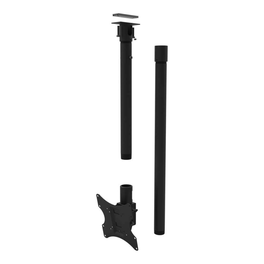 Tilting, rotating TV ceiling mount, unistrut adapter plate, 58 to 74 inch drop, shown apart: extension, coupler and 30 inch pipe.