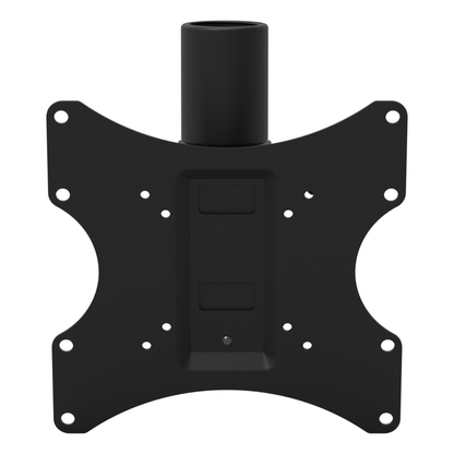 22HE001 ceiling mount head from the front, showing the full 200x200 VESA mounting plate with the pipe socket rising above it