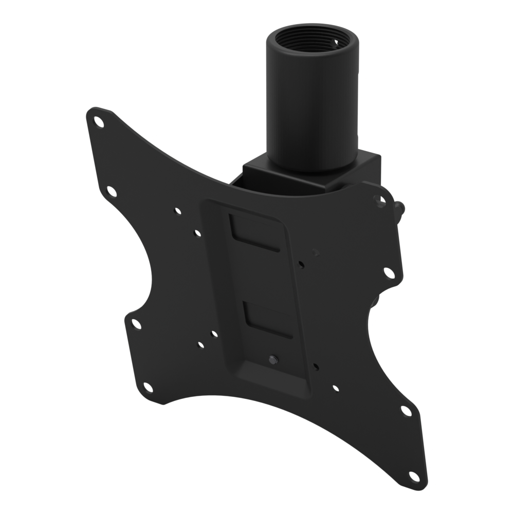 22HE001 tilting TV ceiling mount head, three-quarter front view of the 200x200 VESA plate, tilt bracket and 1-1/2 inch pipe socket