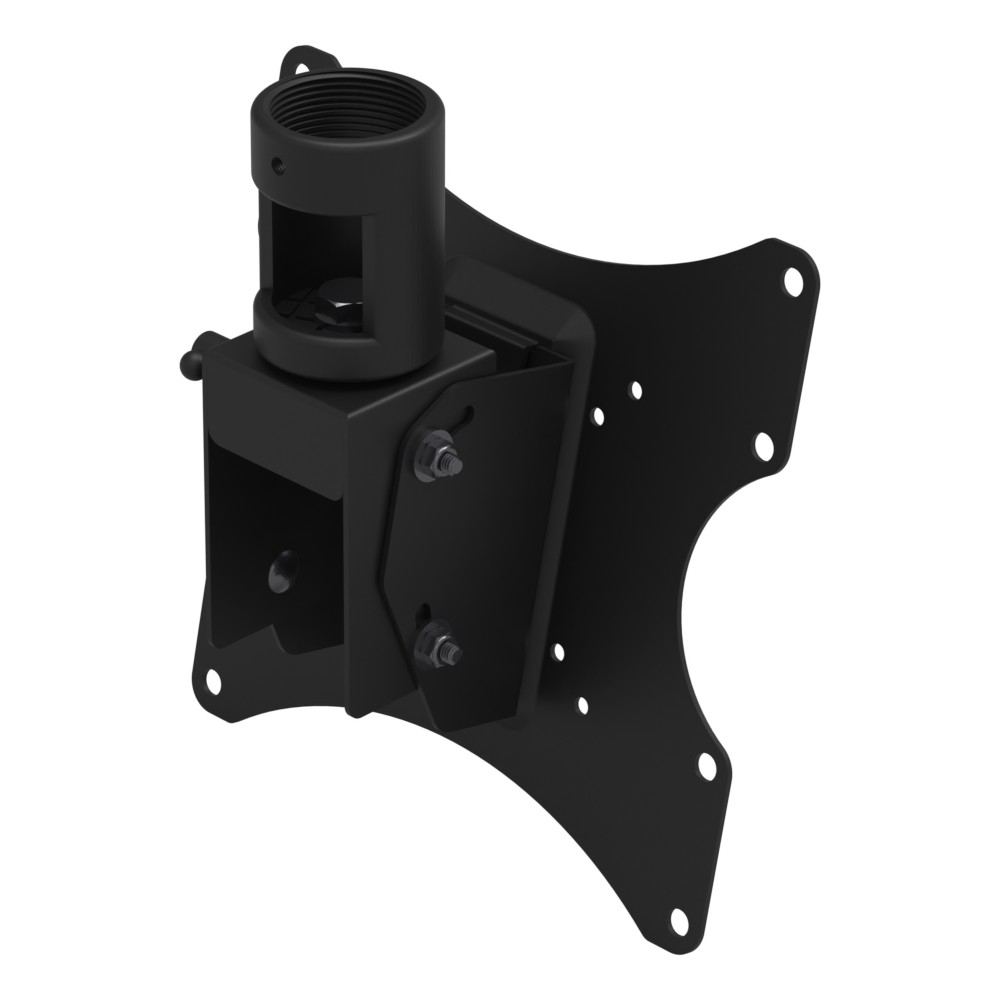 22HE001 ceiling mount head from the rear three-quarter, showing the tilt pivot bracket, clamp bolts and lock lever