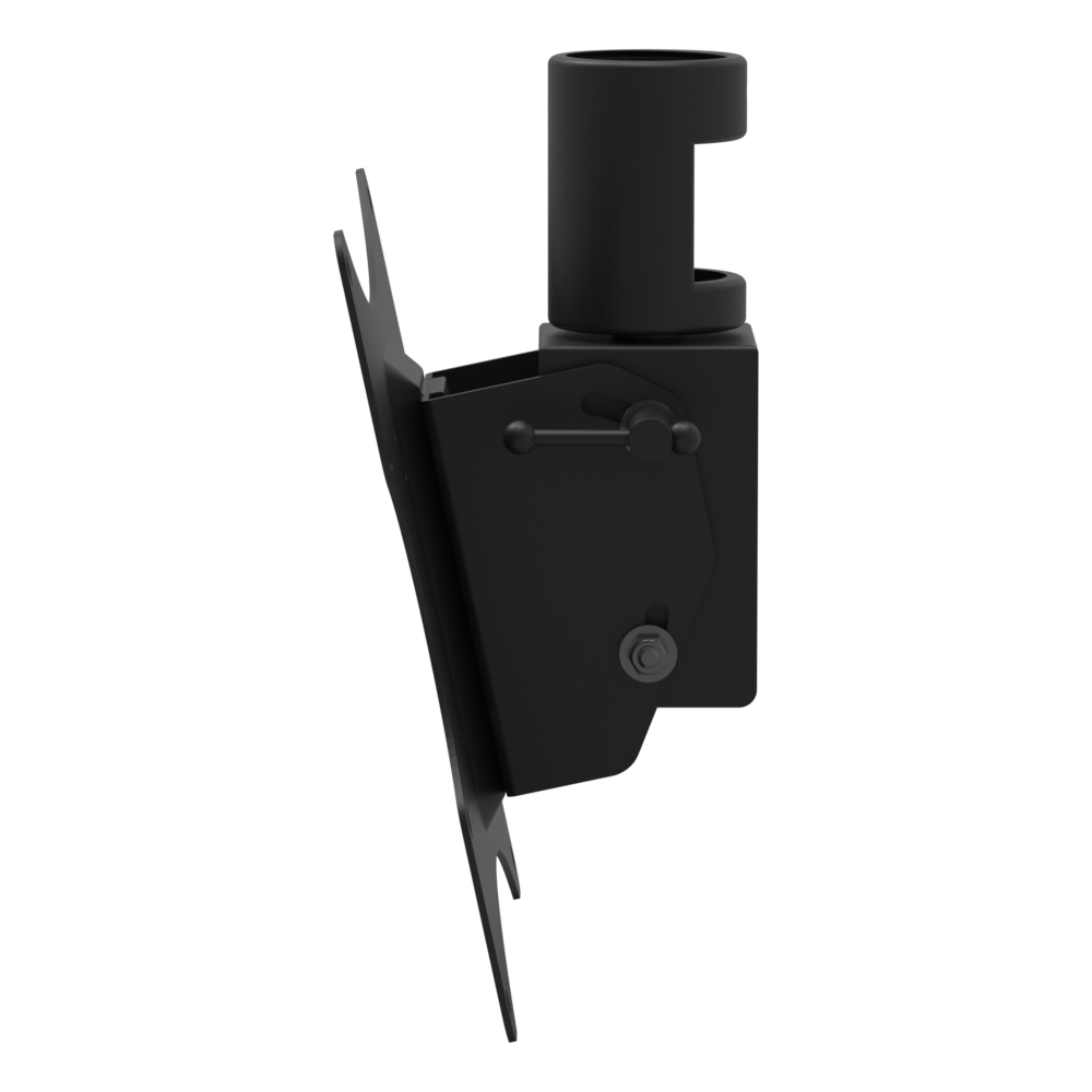 22HE001 ceiling mount head in side profile, showing the 12 degree screen tilt, pivot bracket and pipe socket