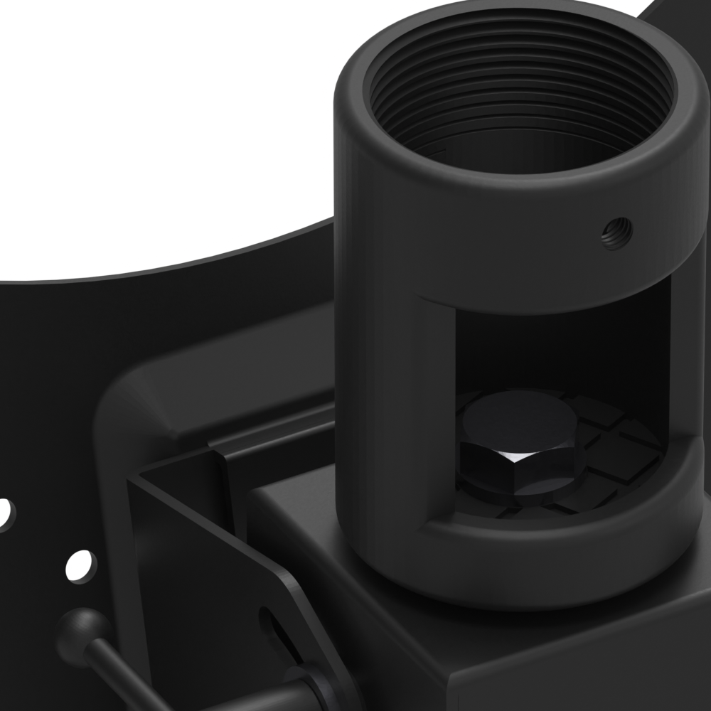 Close-up of the 22HE001 mount head pipe socket, with internal 1-1/2 NPT threads, side set-screw hole and the tilt lock lever