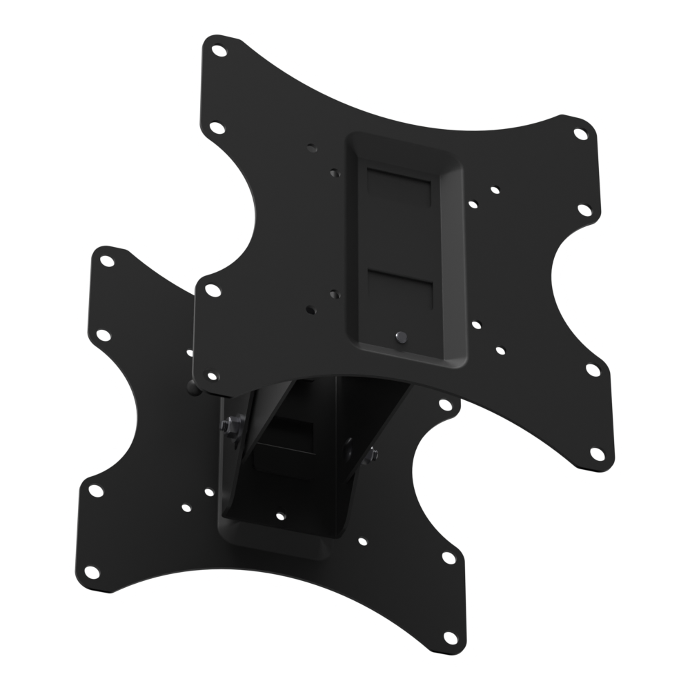 22HE021 back-to-back TV mount head seen from below more squarely on one VESA plate's back, showing its arc-slot bolts and nuts and the pipe socket underside, with the second plate behind.