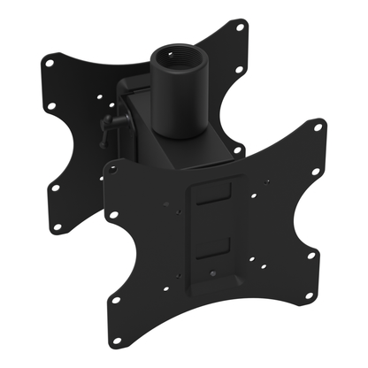 22HE021 back-to-back TV mount head seen more squarely on one VESA plate, with the second plate and the pipe socket behind it.