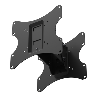 22HE021 back-to-back TV mount head seen from below at the installed viewing angle, showing the backs of both VESA plates, the arc-slot clamp hardware and the pipe socket underside.