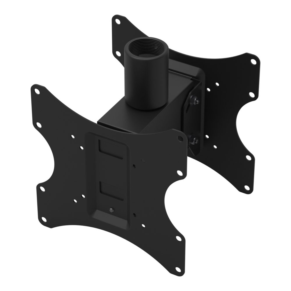 22HE021 back-to-back TV mount head at a three-quarter angle, showing both VESA plates, the tilt lock handle and the pipe socket.