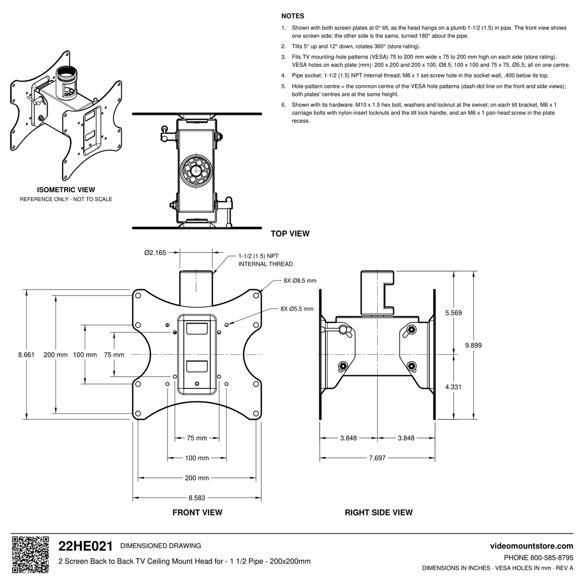 22HE021 back to back TV ceiling mount head dimensioned drawing: 1-1/2 (1.5) inch NPT pipe socket, VESA 75x75 to 200x200 mm on each plate, 8.583 inches wide