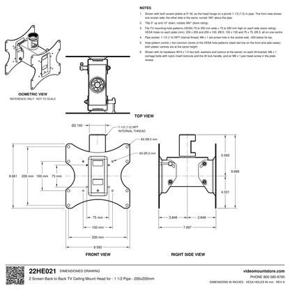 22HE021 back to back TV ceiling mount head dimensioned drawing: 1-1/2 (1.5) inch NPT pipe socket, VESA 75x75 to 200x200 mm on each plate, 8.583 inches wide