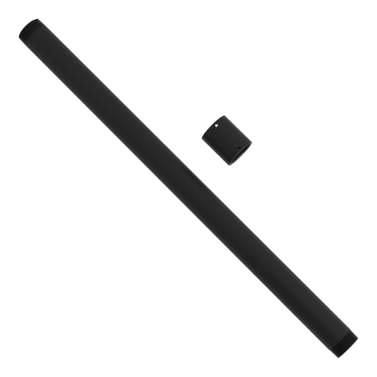 Ceiling mount extension kit that adds 30 inches: a 1-1/2 inch NPT pipe 30 inches long and its matte black coupling, side by side.