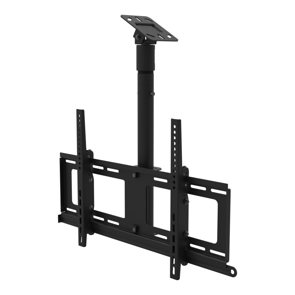 TV ceiling mount for 32 to 86 inch screens, angled plate for a sloped ceiling, 17 to 33 inch drop, with telescoping extension.