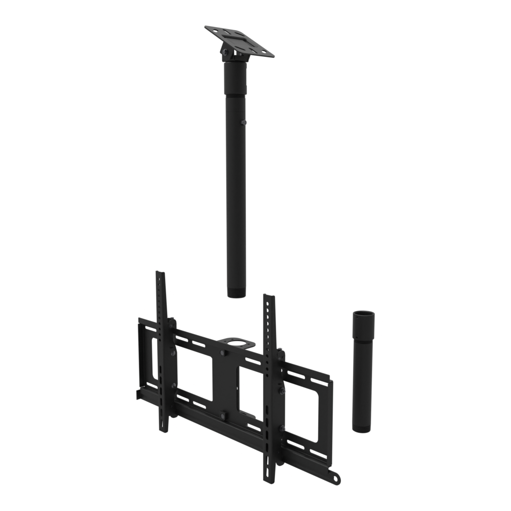 TV ceiling mount for 32 to 86 inch screens, angled plate for a sloped ceiling, 17 to 43 inch drop, with coupler and 10 inch pipe.