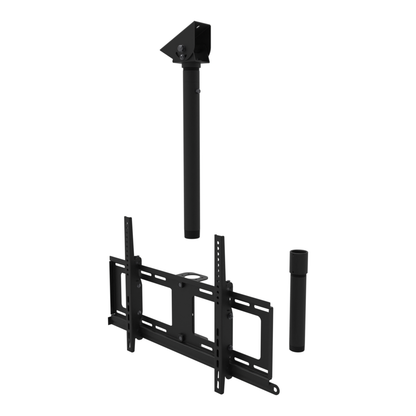 TV ceiling mount for 32 to 86 inch screens, angled plate for a sloped ceiling, 17 to 43 inch drop, with coupler and 10 inch pipe.