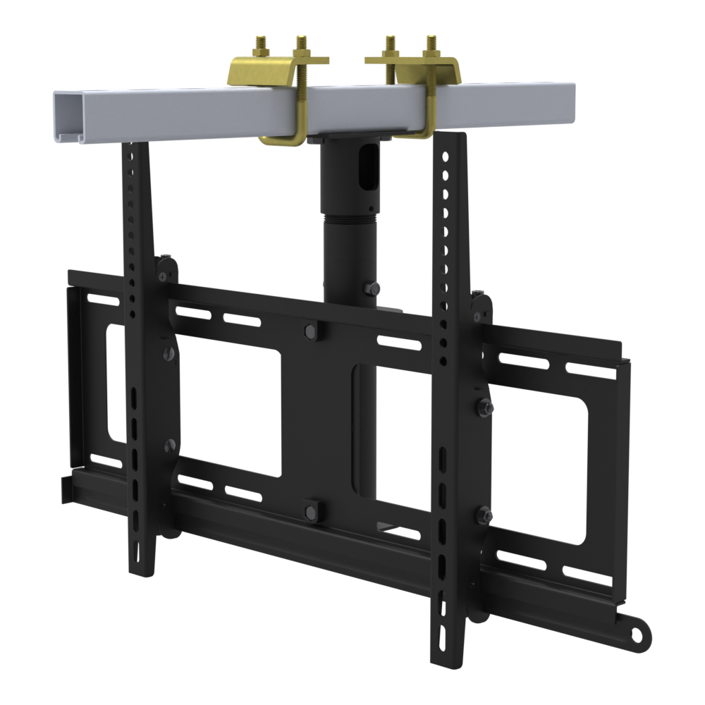 TV ceiling mount for 32 to 86 inch screens, beam clamp on a strut channel, 9 to 17 inch drop, with telescoping extension.