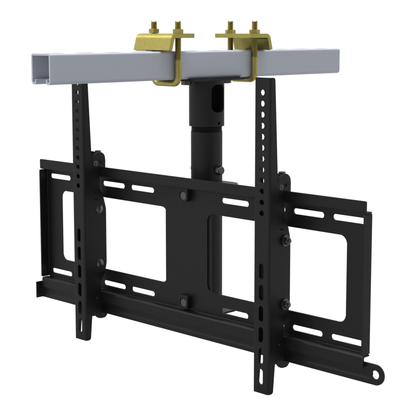TV ceiling mount for 32 to 86 inch screens, beam clamp on a strut channel, 9 to 17 inch drop, with telescoping extension.