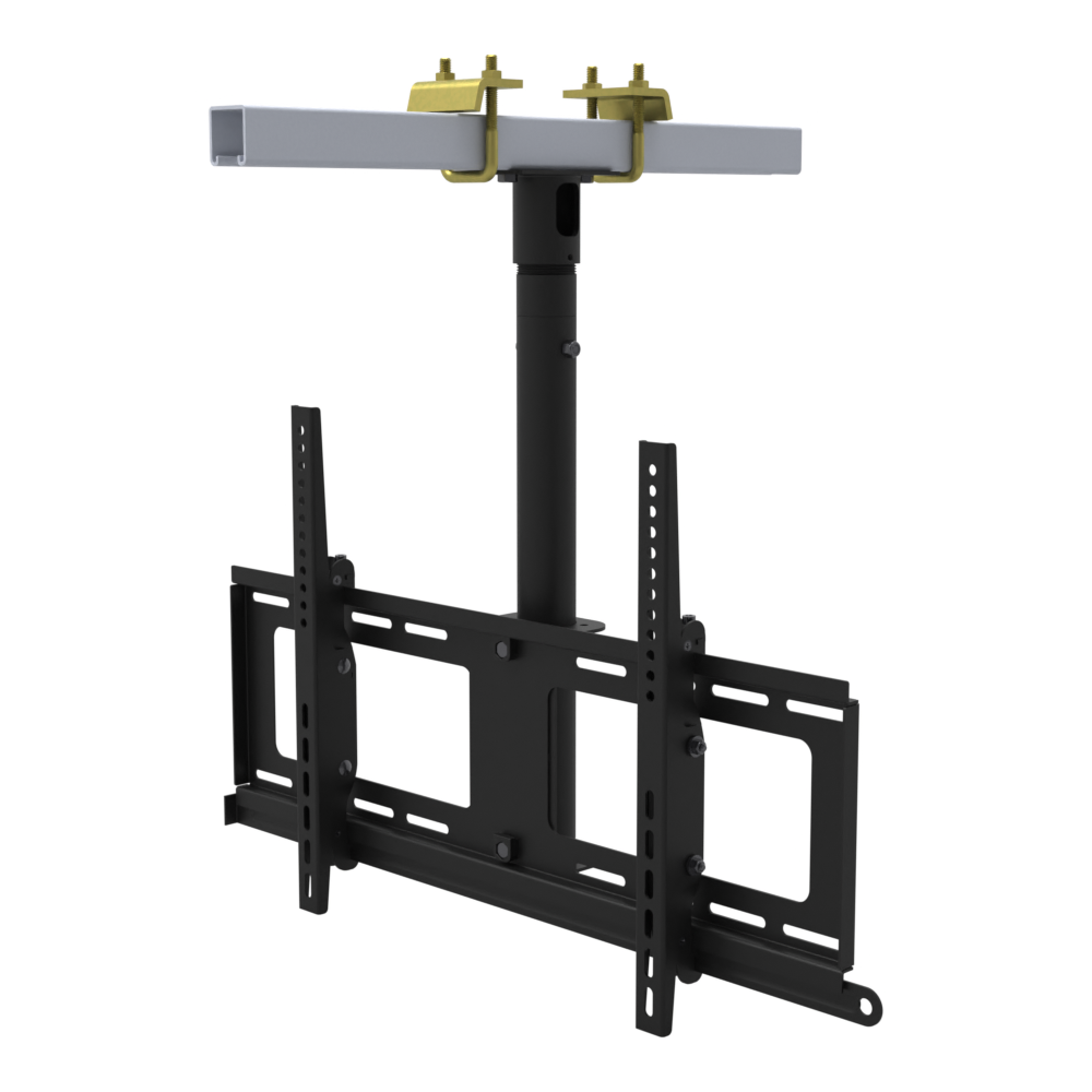 TV ceiling mount for 32 to 86 inch screens, beam clamp on a strut channel, 17 to 33 inch drop, with telescoping extension.
