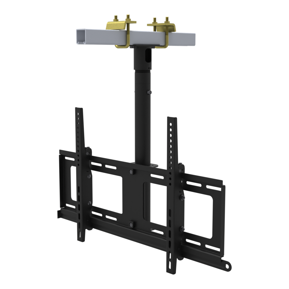 TV ceiling mount for 32 to 86 inch screens, beam clamp on a strut channel, 17 to 33 inch drop, with telescoping extension.