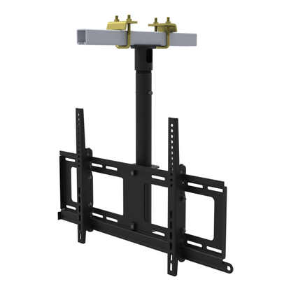 TV ceiling mount for 32 to 86 inch screens, beam clamp on a strut channel, 17 to 33 inch drop, with telescoping extension.