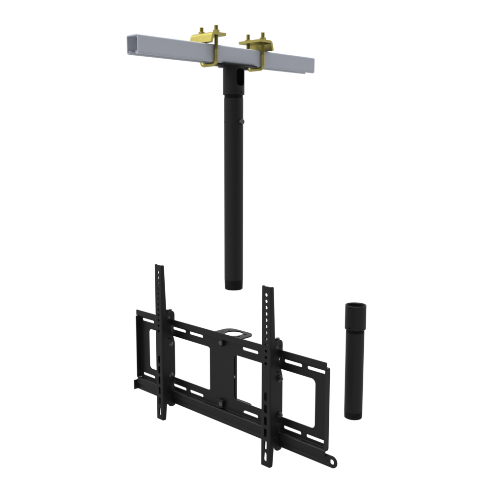 TV ceiling mount for 32 to 86 inch screens, beam clamp on a strut channel, 17 to 43 inch drop, with coupler and 10 inch pipe.