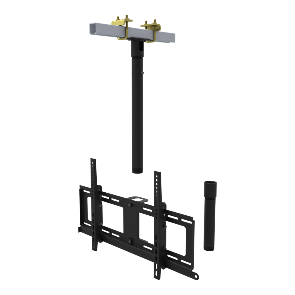 TV ceiling mount for 32 to 86 inch screens, beam clamp on a strut channel, 17 to 43 inch drop, with coupler and 10 inch pipe.