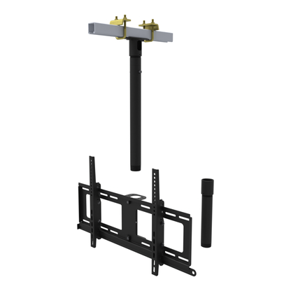 TV ceiling mount for 32 to 86 inch screens, beam clamp on a strut channel, 17 to 43 inch drop, with coupler and 10 inch pipe.