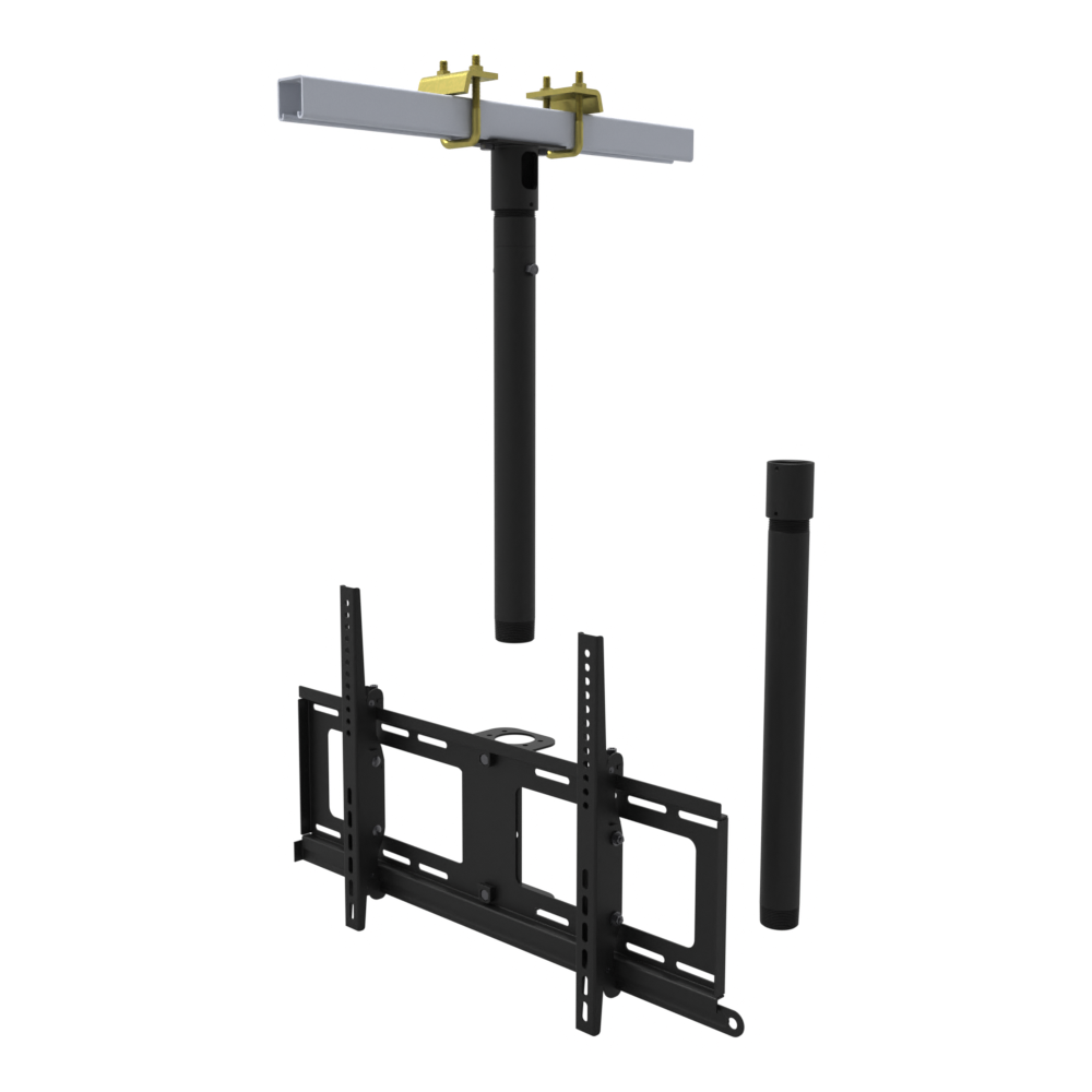 TV ceiling mount for 32 to 86 inch screens, beam clamp on a strut channel, 37 to 53 inch drop, with coupler and 20 inch pipe.