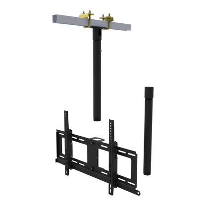 TV ceiling mount for 32 to 86 inch screens, beam clamp on a strut channel, 37 to 53 inch drop, with coupler and 20 inch pipe.