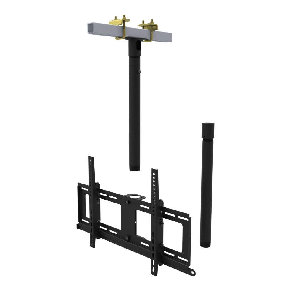 TV ceiling mount for 32 to 86 inch screens, beam clamp on a strut channel, 37 to 53 inch drop, with coupler and 20 inch pipe.