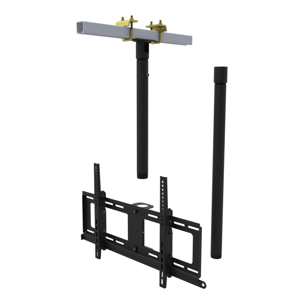 TV ceiling mount for 32 to 86 inch screens, beam clamp on a strut channel, 47 to 63 inch drop, with coupler and 30 inch pipe.