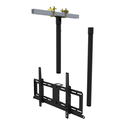 TV ceiling mount for 32 to 86 inch screens, beam clamp on a strut channel, 47 to 63 inch drop, with coupler and 30 inch pipe.