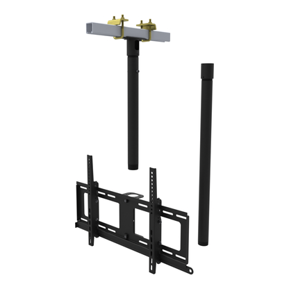 TV ceiling mount for 32 to 86 inch screens, beam clamp on a strut channel, 47 to 63 inch drop, with coupler and 30 inch pipe.