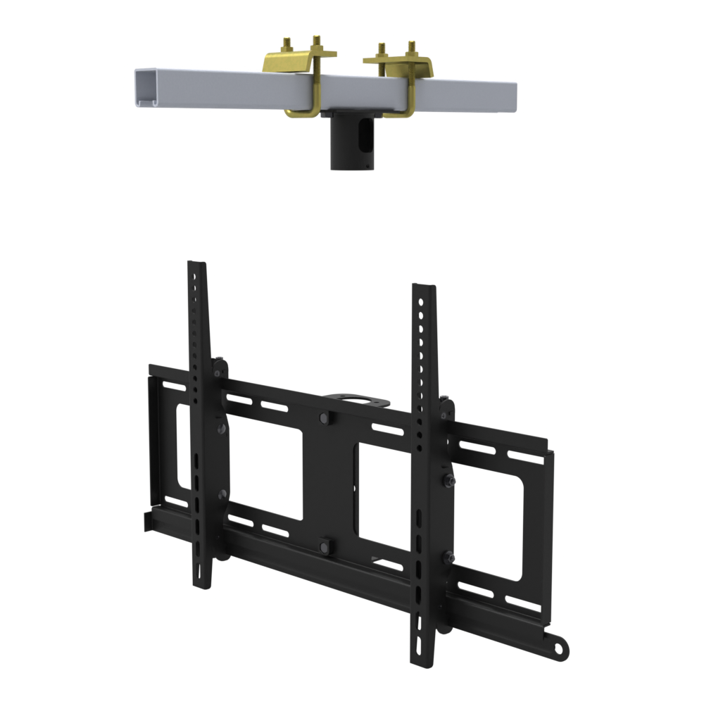 TV ceiling mount for 32 to 86 inch screens, beam clamp on a strut channel and tilting head, supplied without a mast.