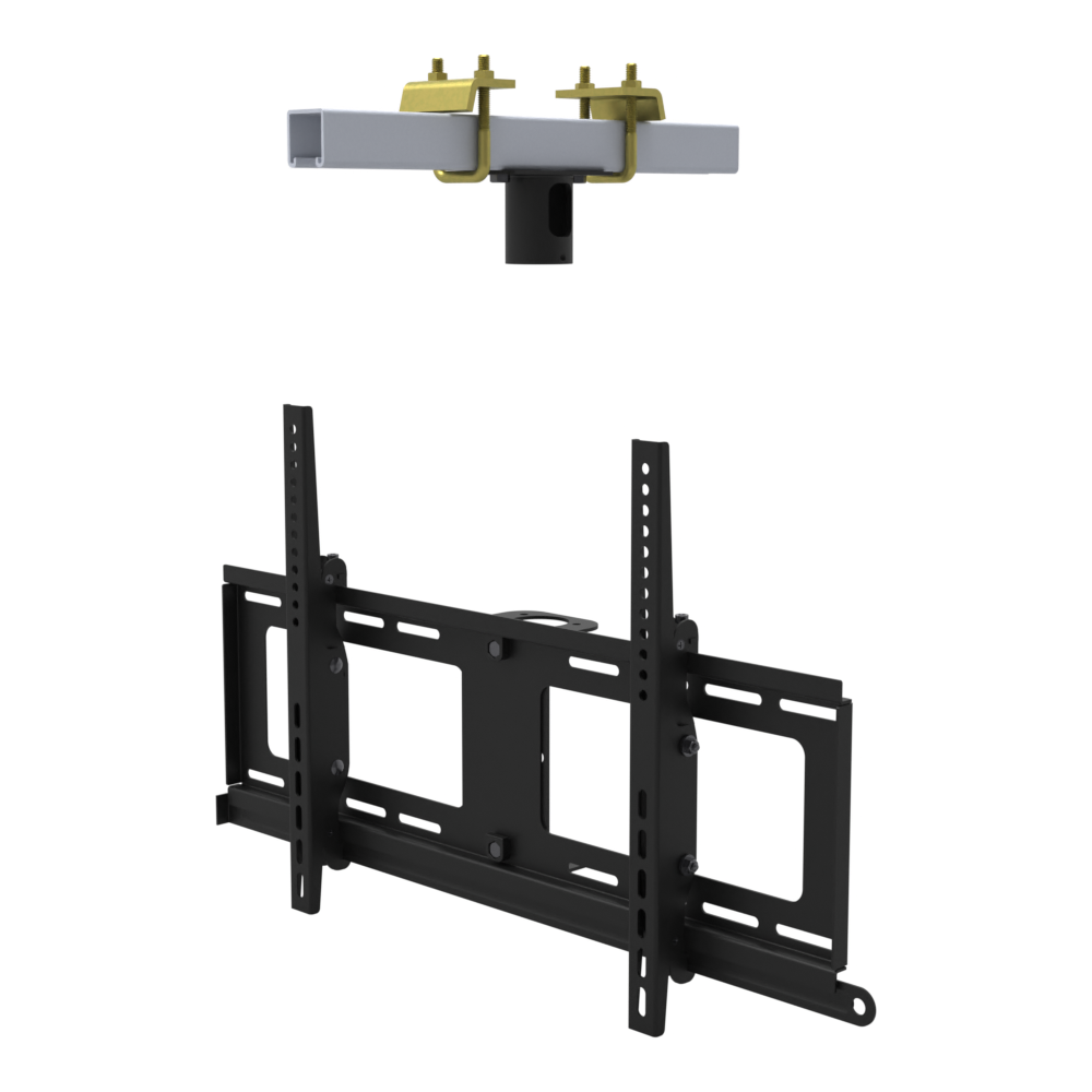 TV ceiling mount for 32 to 86 inch screens, beam clamp on a strut channel and tilting head, supplied without a mast.