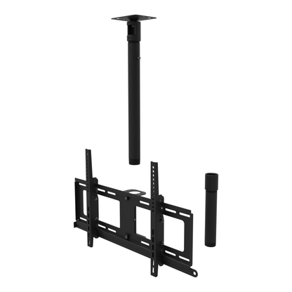 TV ceiling mount for 32 to 86 inch screens, flat ceiling plate, 17 to 43 inch drop, shown apart with coupler and 10 inch pipe.