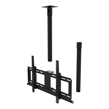 TV ceiling mount for 32 to 86 inch screens, flat ceiling plate, 37 to 53 inch drop, shown apart with coupler and 20 inch pipe.